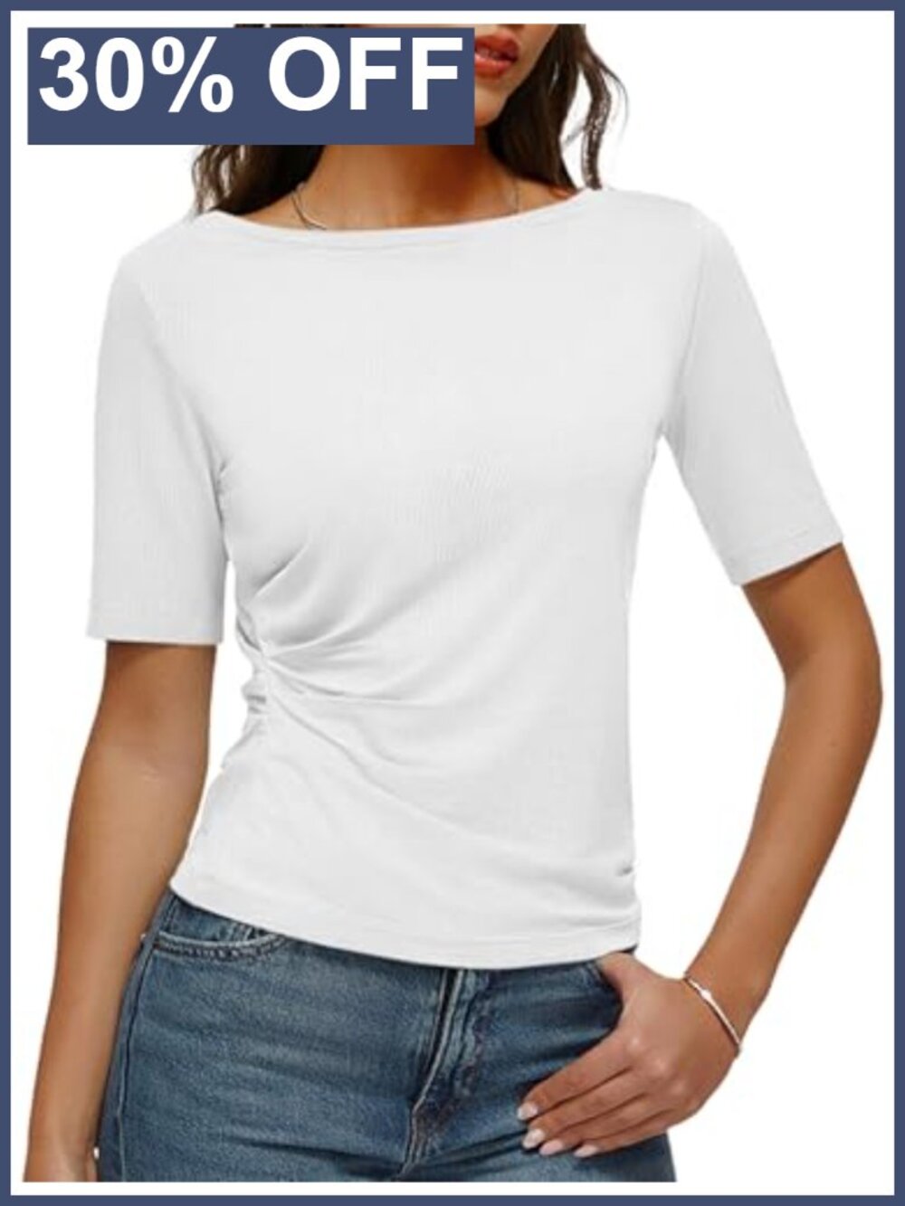 Boat Neck Short Sleeve Ruched Fitted T Shirt Women Cotton Modal Tee